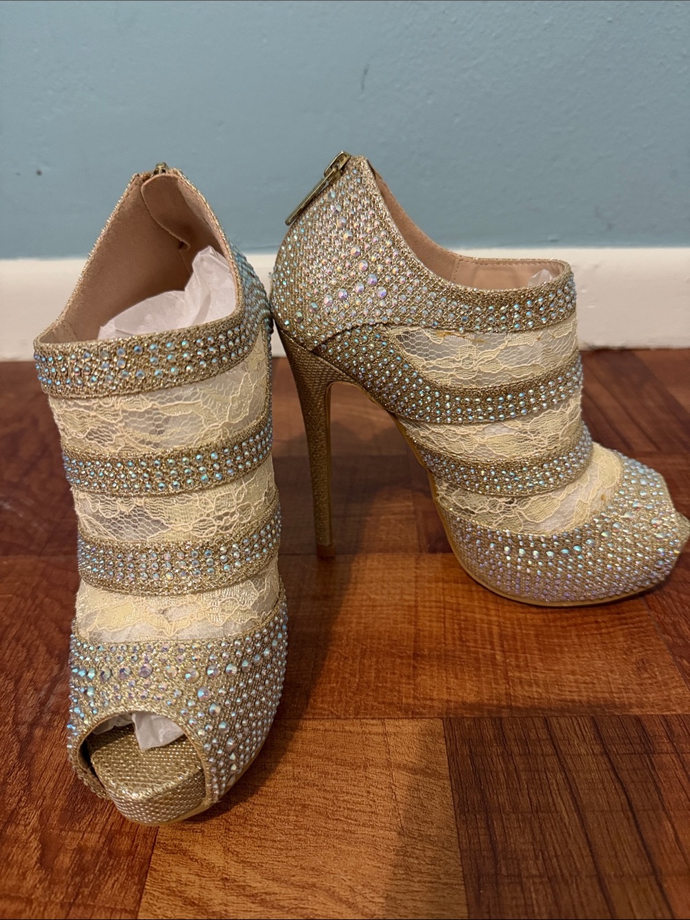 Bella Marie Gold Lace & Crystal Peep-Toe Stilettos